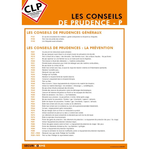 Poster CLP - Conseils de Prudence P avec Pictogrammes de Danger - Plastifié - A3