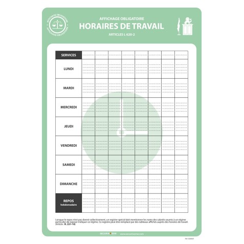 Affiche - Horaires de travail - Papier plastifié