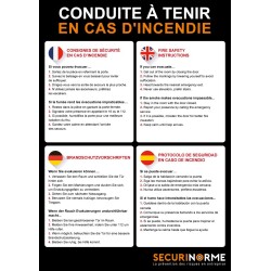 Poster "Conduite à tenir en cas d'incendie" A3 - 4 langues - noir