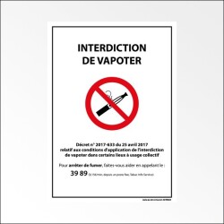 Panneau d'Interdiction - Interdiction de Vapoter - avec Décret   - 210 x 150 mm - Vinyle Souple Autocollant