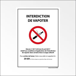 Panneau d'Interdiction - Interdiction de Vapoter - avec Décret