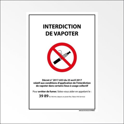 Panneau d'Interdiction - Interdiction de Vapoter - avec Décret