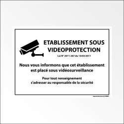 Panneau d'information - Établissement sous vidéoprotection  - 210 x 150 - Vinyle souple autocollant - Blanc