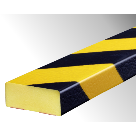 Butoir de protection anti-choc - Profil D jaune/noir adhésif - DIN 4102 B2, UL 94 HB/10 mm - Mousse polyuréthane
