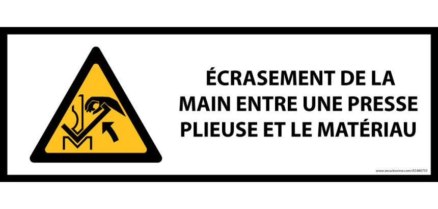 Panneau Danger – Écrasement main presse plieuse – Signalétique  - 297 x 105 mm - Vinyle