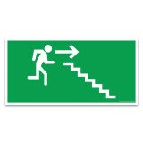 Signalétique évacuation - Homme descendant escalier, flèche droite  - 300 x 150 mm - PVC