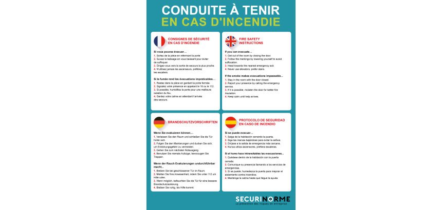 Poster sécurité incendie – Conseils en 4 langues – 297x420 mm