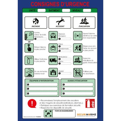 Poster plastifié - Consignes d'urgence - format A3