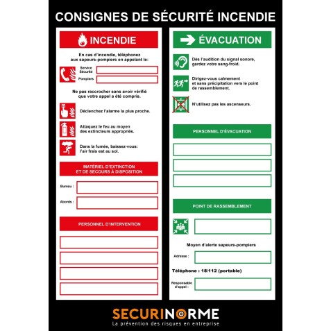 Poster - Consignes sécurité incendie - 297x420 mm - Plastifié