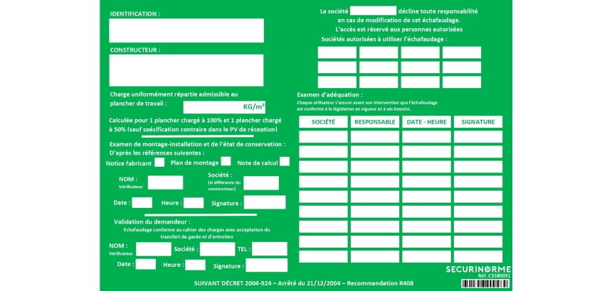 Fiche vérification échafaudage neutre A4 - Plastifiée