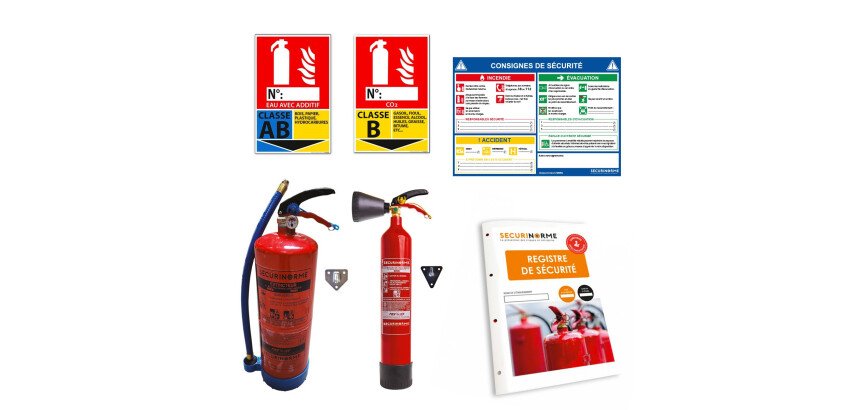 Kit sécurité incendie – 2 Extincteurs (CO2 +  eau) + signalétique