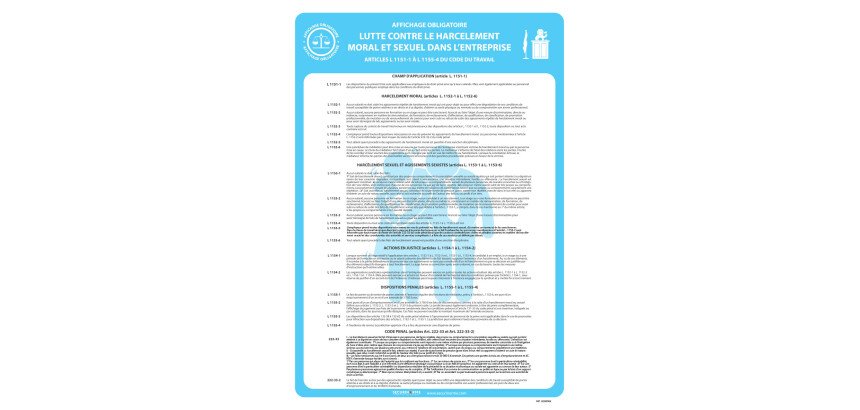 Panneau - Affichage Harcèlement Travail - Papier plastifié - A3