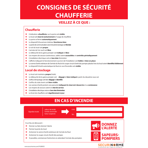 Affichage obligatoire - Consignes de sécurité chaufferie  - PVC - A4