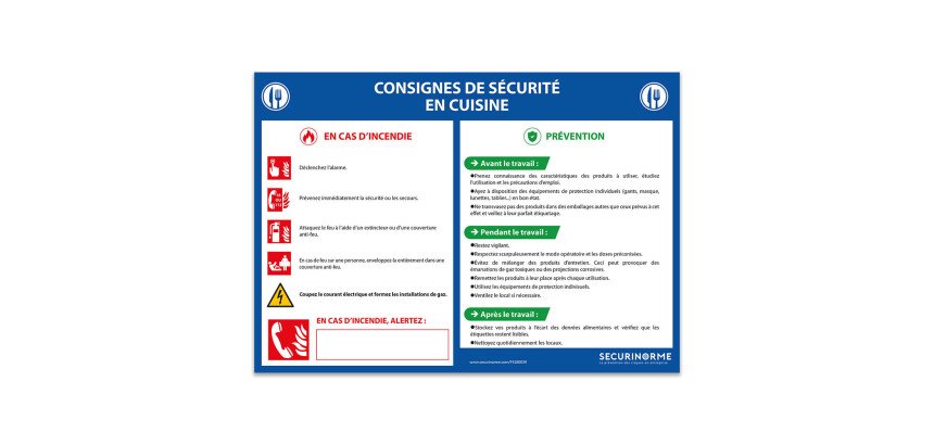 Panneau - Consignes de sécurité en cuisine - A3/A4 - Vinyle/PVC