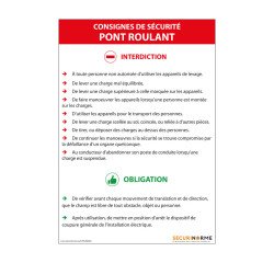 Panneau - Consignes sécurité pont roulant - NF EN 15011