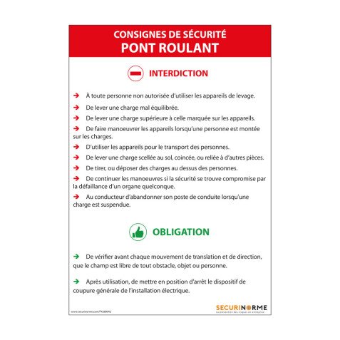 Panneau - Consignes sécurité pont roulant - NF EN 15011