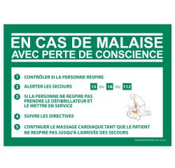 Panneau - Consigne Défibrillateur en cas de malaise - ISO 7010