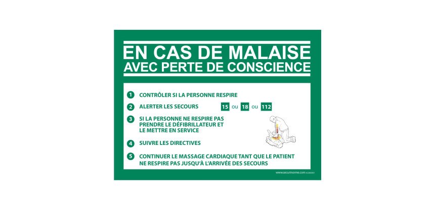 Panneau - Consigne Défibrillateur en cas de malaise - ISO 7010  - 300 x 420 mm - Vinyle
