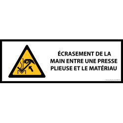 Panneau de danger - Écrasement de la main entre une presse plieuse et le matériau - W031   - 297 x 105 mm - Vinyle