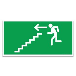 Panneau d'évacuation et de secours - Homme qui descend l'escalier, flèche à gauche