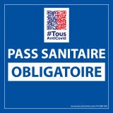 Sticker sanitaire Pass Sanitaire Obligatoire vinyle avec image QR code - 125 x 125 mm -  fond bleu