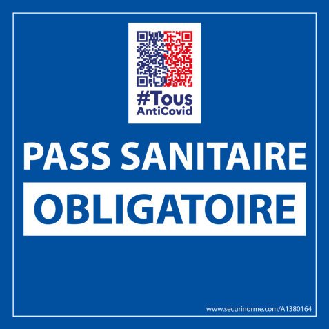 Sticker sanitaire Pass Sanitaire Obligatoire vinyle avec image QR code - 125 x 125 mm -  fond bleu