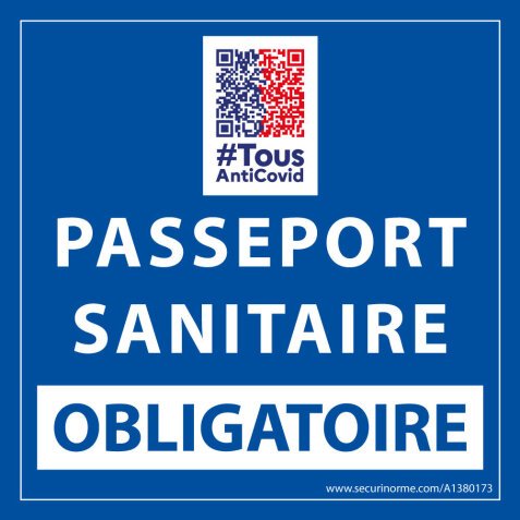 Sticker sanitaire Passeport Sanitaire Obligatoire vinyle avec image QR code - 125 x 125 mm -  fond bleu