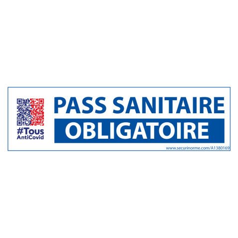 Sticker sanitaire Pass Sanitaire Obligatoire vinyle avec picto QR code - 150 x 50 mm -  fond blanc