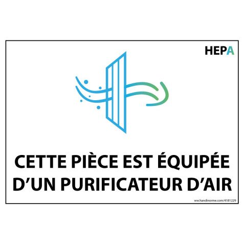 Panneau d'information - Cette pièce est équipée d'un purificateur d'air avec filtre HEPA - NF-EN 1822 - 210x150 mm  - Vinyle souple autocollant