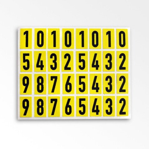 Planche de 32 chiffres noir sur jaune - 15 mm - Tissu plastifié