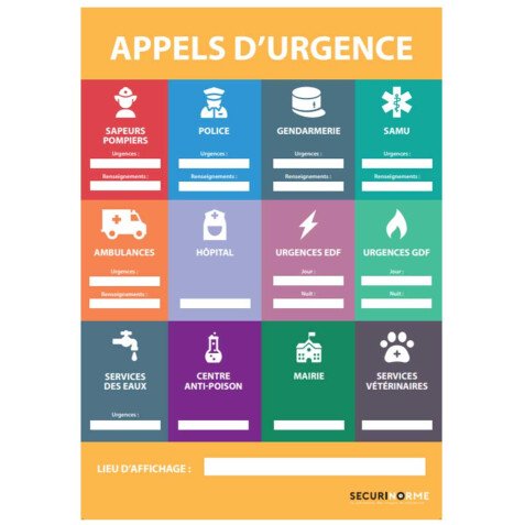 Poster - Consignes d'urgence avec numéros - A3 - Plastifié