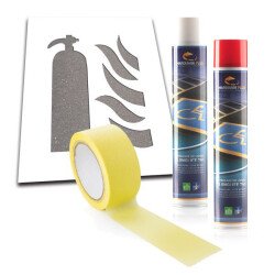 Kit complet de marquage au sol Exctincteur : Pochoir + aérosols + ruban de masquage