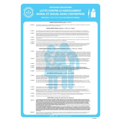 Panneau - Affichage Obligatoire Harcèlement au Travail - Papier plastifié - A3