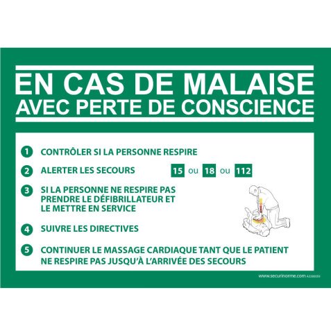 Panneau - Consigne Défibrillateur en cas de malaise - ISO EN 7010