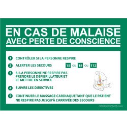 Panneau - Consigne Défibrillateur en cas de malaise - ISO EN 7010  - 210 x 150 - Vinyle souple autocollant