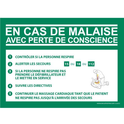 Panneau - Consigne Défibrillateur en cas de malaise - ISO EN 7010  - 210 x 150 mm - Vinyle