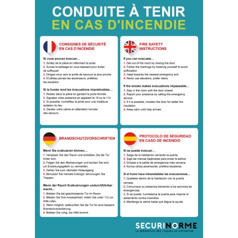 Poster - Conduite à tenir en cas d'incendie 4 langues - 297x420 mm
