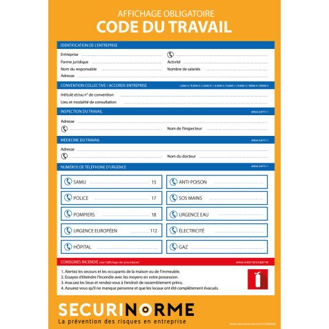 Panneau - Affiche Code du travail obligatoire - 297x420 mm