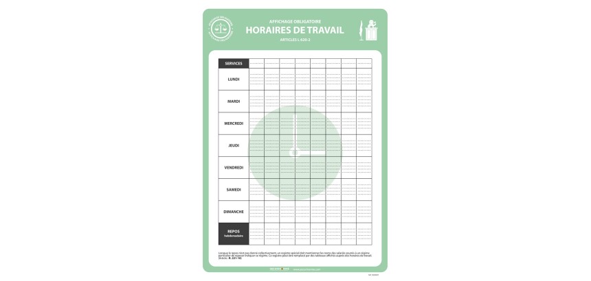 Affiche - Horaires de travail - Format A3 - Papier plastifié
