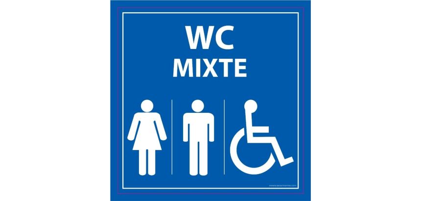 Panneau WC PMR Mixte – Toilettes accessibles Homme & Femme  - 125 x 125 mm - Blanc sur fond bleu - Vinyle Souple Autocollant