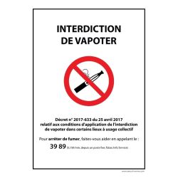 Panneau d'Interdiction - Interdiction de Vapoter - avec Décret