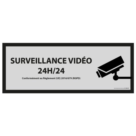 Signalétique de vidéoprotection - Surveillance vidéo 24h/24h   - 450 x 150 mm - Gris - Vinyle Souple Autocollant