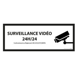 Signalétique de vidéoprotection - Surveillance vidéo 24h/24h   - 210 x 75 mm - Blanc - Vinyle Souple Autocollant