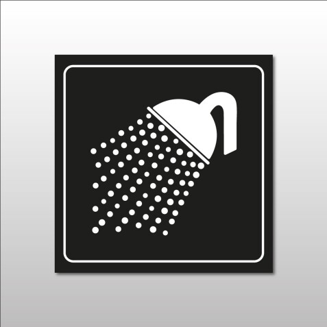 Plaque de signalétique carrée - Pictogramme Douche - Gravoply  - 100 x 100 mm - Blanc sur fond Noir
