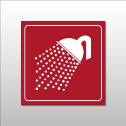 Plaque de signalétique carrée - Pictogramme Douche - Gravoply  - 100 x 100 mm - Blanc sur fond Rouge