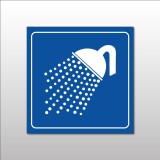 Plaque de signalétique carrée - Pictogramme Douche - Gravoply  - 100 x 100 mm - Blanc sur fond bleu