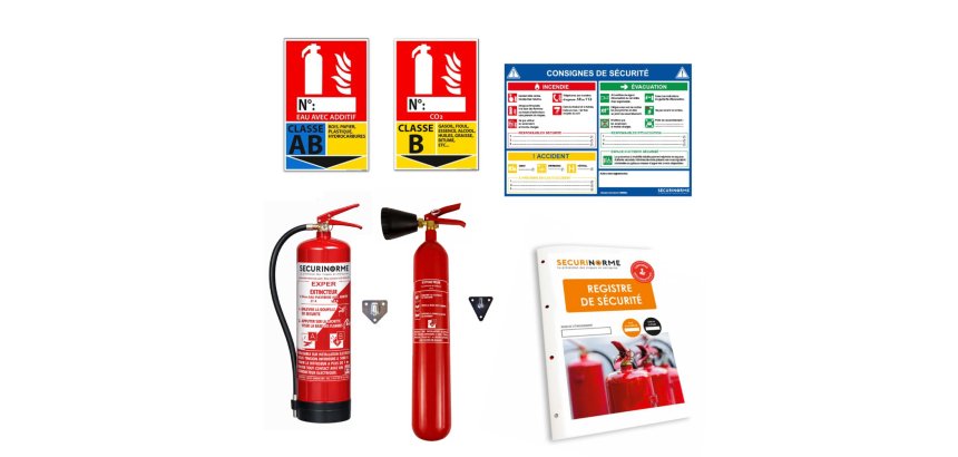 Kit sécurité incendie – 2 Extincteurs (CO2 +  eau) + signalétique