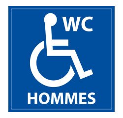Panneau signalétique WC Hommes PMR ISO 7010 accessibilité  - 125 x 125 mm - Blanc sur fond bleu - PVC 2 mm