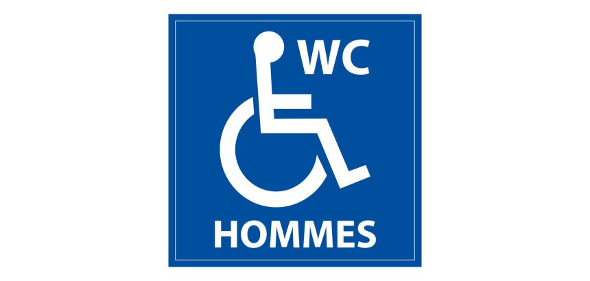 Panneau signalétique WC Hommes PMR ISO 7010 accessibilité  - 125 x 125 mm - Blanc sur fond bleu - PVC 2 mm