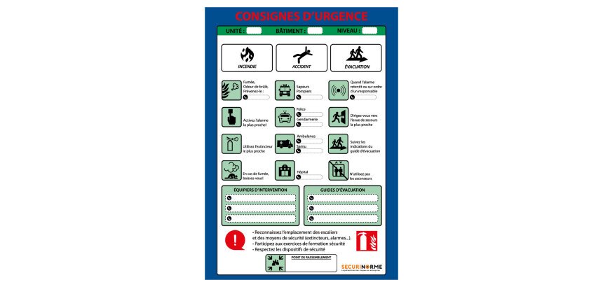 Poster - Consignes d'urgence - NF EN ISO 7010 - A3 - Plastifié